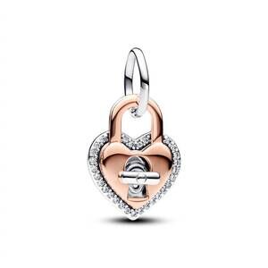NEW PANDORA women's two-tone twistable heart padlock double dangle charm in rose